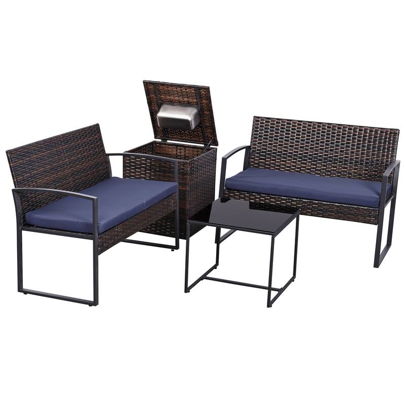 4-Piece Wicker Outdoor Sofa Set, 2 Loveseats, 1 Table, 1 Ice Bucket