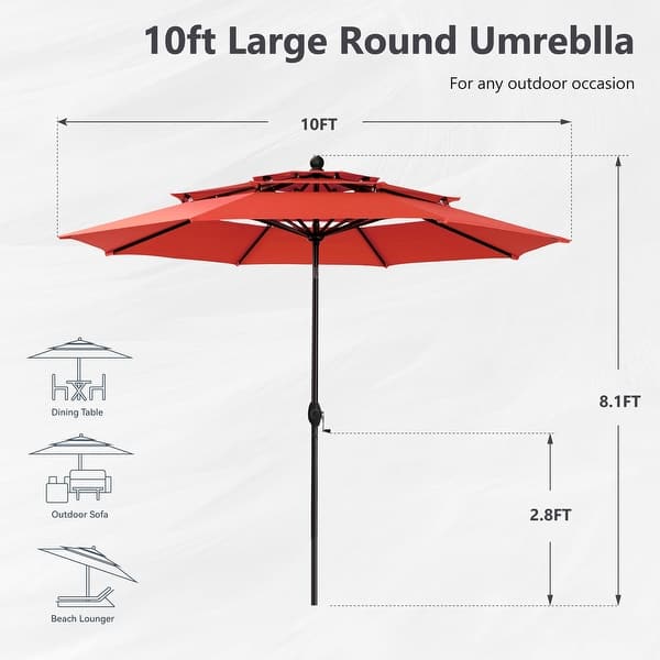 dimension image slide 2 of 3, MAISON ARTS 10ft 3 Tiers Patio Outdoor Umbrella Matched with most Patio Table with Ventilation Auto-tilt and Crank Lift