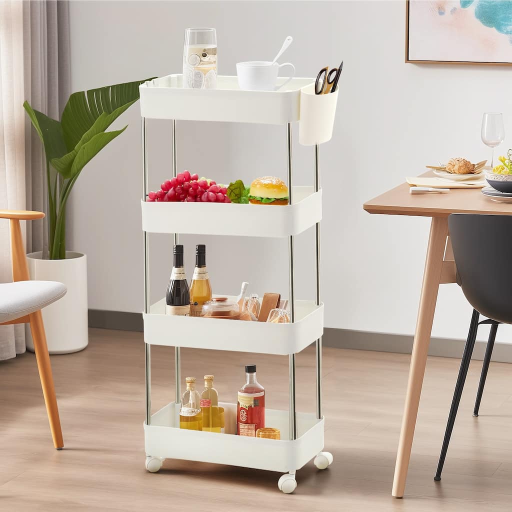 4-Tier Plastic Rolling Utility Cart, Multi-Functional Storage Trolley, Movable Storage Organizer with Wheels & Hanging Cups