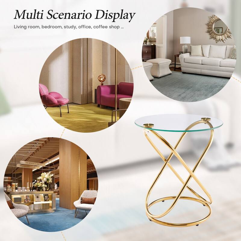 Tempered Glass Round Side/End Table with Metal Legs - 19.7"Dia Top x 21.7"H x 15.6"Dia Base