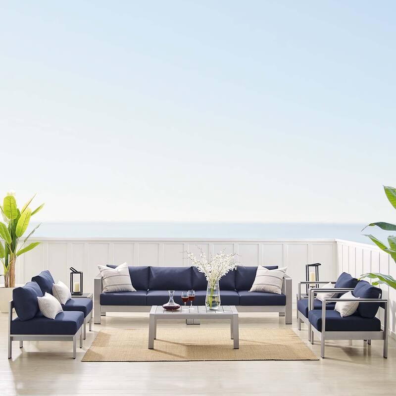Shore Sunbrella Outdoor Patio Aluminum 9 Piece Sectional Sofa Set - Silver Navy