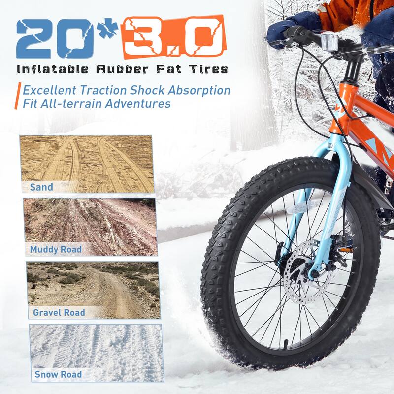 20 Inch Kids Bicycles Fat Tire Mountain Bike, Kids Beach & Snow Bicycle with Dual-Disc Brake & Shimano 7-Speed for Boys & Girls