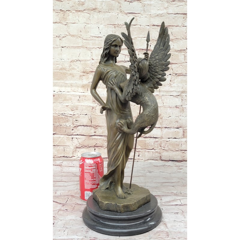 Mythical Griffin Woman W/ Spear Bronze Statue Sculpture Figure Marble Base 18 Inchesx 9 Inches