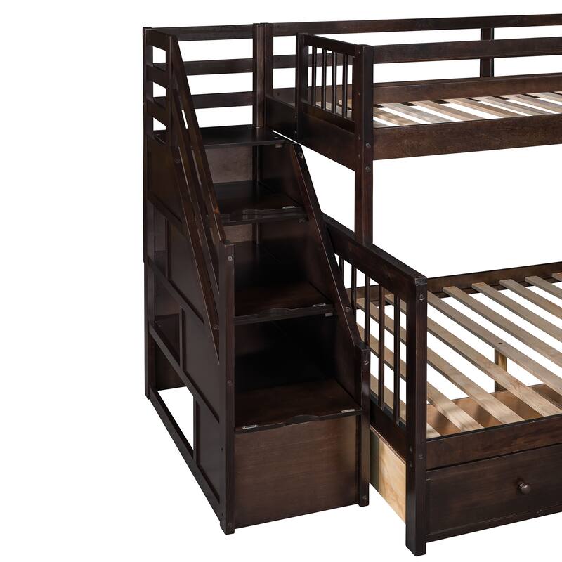 Twin over Full Size Solid Wood L-Shaped Bunk Bed With 3 Drawers, Ladder and Staircase