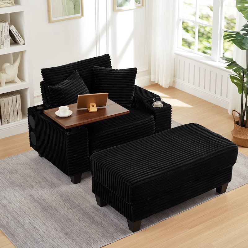 Multifunctional Rotating Table Sofa with Ottoman, Bluetooth Speaker, USB Ports, and Hidden Storage for Small Spaces