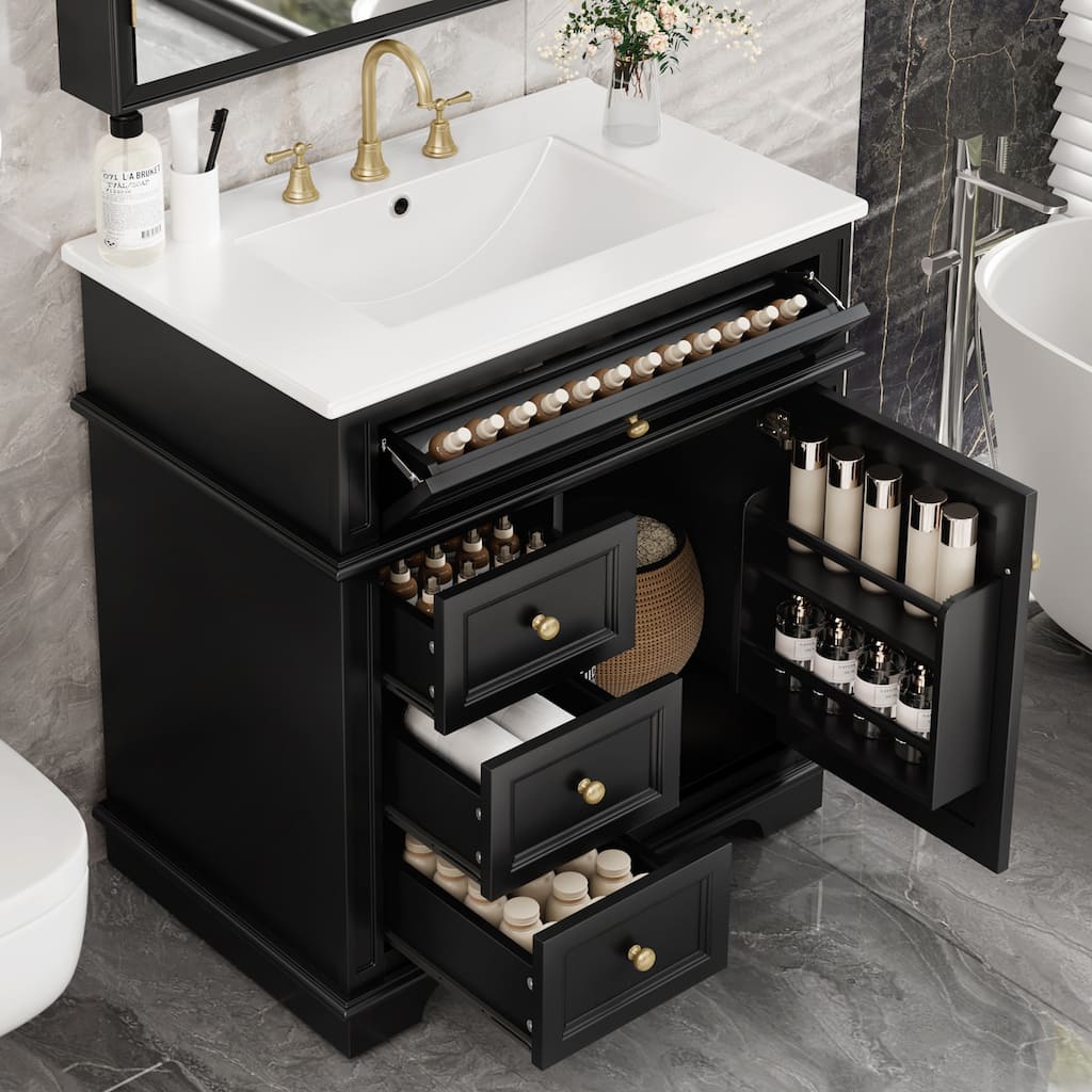 30" Space-Saving Bathroom Vanity with Sink - 3 Drawers + Tip-Out Tray & Soft Close Door - Efficient Storage Solution