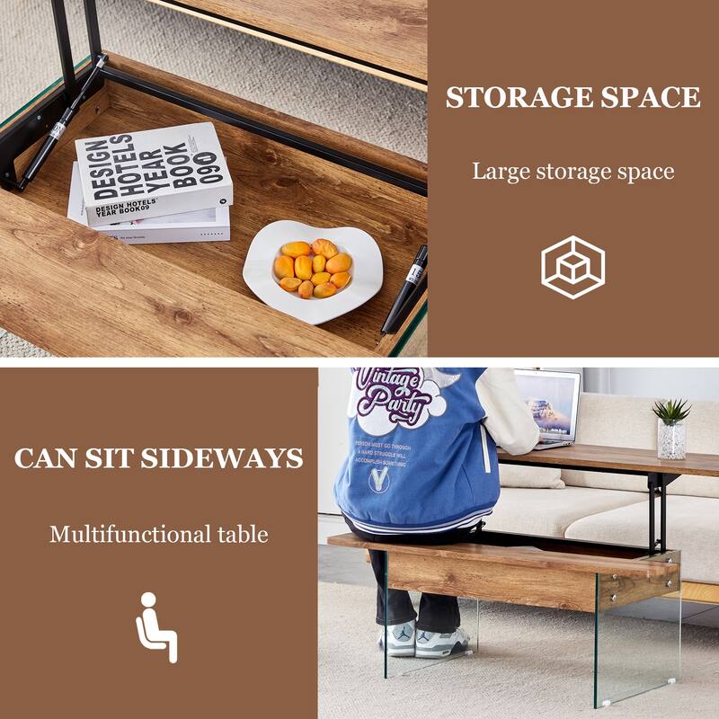 Anmytek Lift Top Coffee Table with Storage Wood Texture Modern Convertible Desk for Small Space Living Room