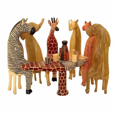 Hand-carved Mahogany Safari Party Animals, 13-Piece Set