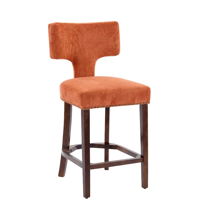 Counter Height Bar Stools Set of 2, Linen Upholstered Accent Chairs, Curved Backrest with Nailhead Trim and Splayed Legs