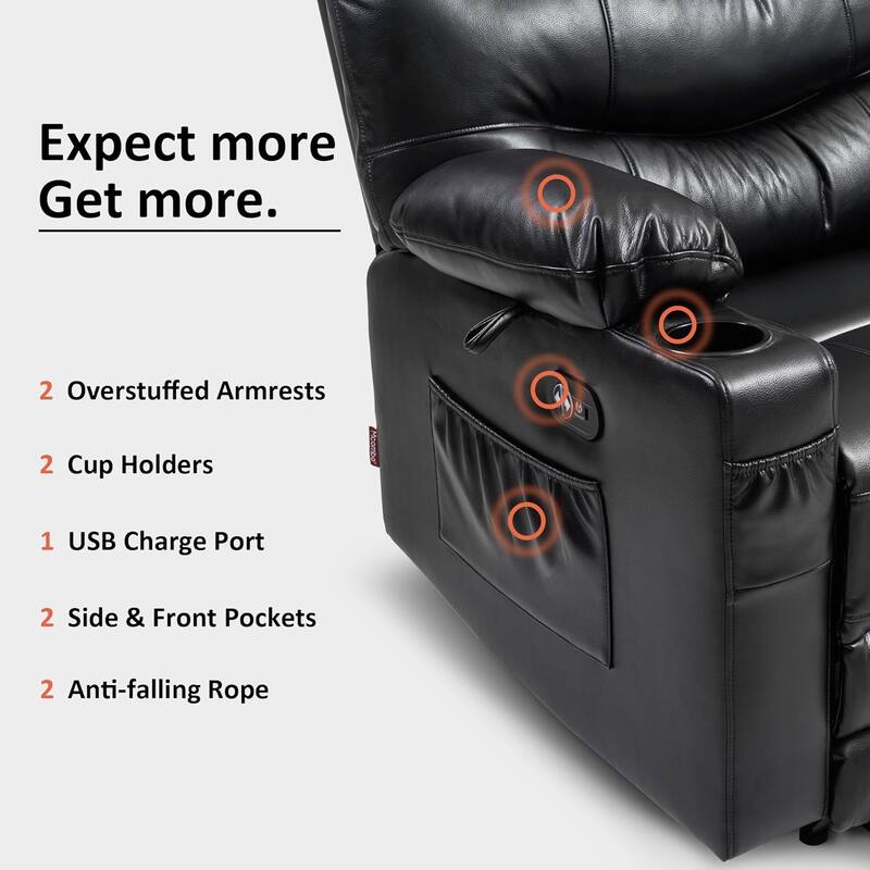Large Power Faux Leather Recliner Chair with Heat and Massage, Cup Holder, USB Port