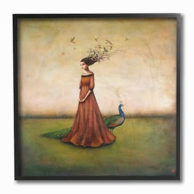 Stupell Beauty and Birds in Her Hair Woman and Peacock Framed Art, 12 x 12, Design By Artist Duy Huynh - Multi-Color