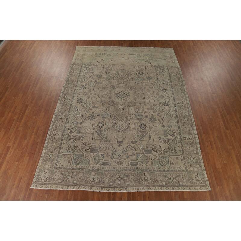 Distressed Geometric Tabriz Vintage Persian Rug Handmade Wool Carpet - 9'7" x 13'1"