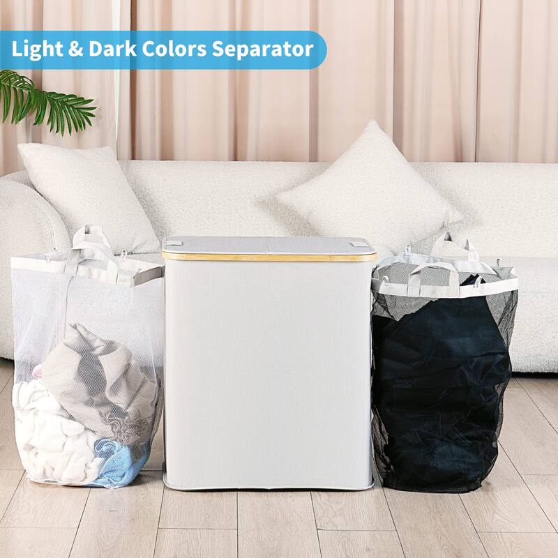 Double Laundry Hamper with Lid, Divided Laundry Hamper with Removable Bags, 2 Section Dirty Clothes Basket with Handles