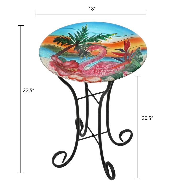 Multi-Color Flamingo Glass Bird Bath with Black Metal Stand