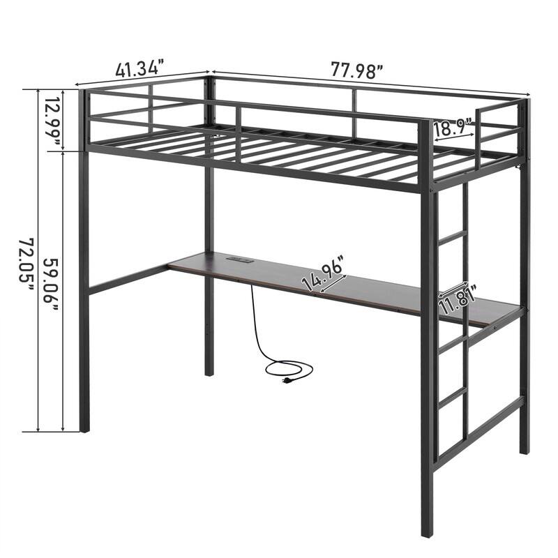 Twin Square Tube Raised Bed With Table Outlet LED Light Strip Iron Bed USA