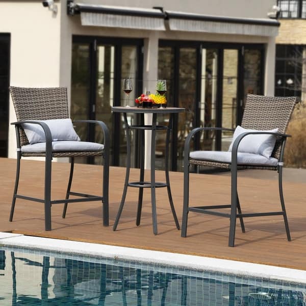 slide 2 of 9, 3-Piece Wicker Bar Height Outdoor Dining Set Patio Bar Sets Outdoor Bar Table Bar Stools with Gray Cushions