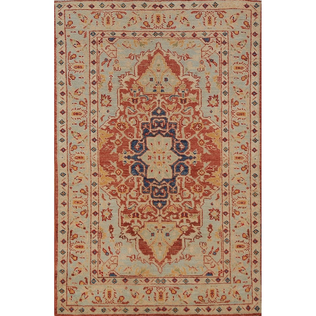 Geometric Heriz Serapi Vegetable Dye Accent Rug Handmade Wool Carpet - 3'0"x 4'10"