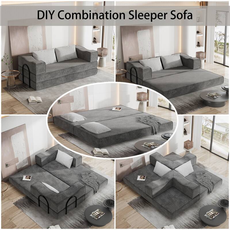 80" Convertible Sofa Bed with 2 Pillows, 2-Seat Folding Floor Couch, Multifunctional Chenille Loveseat Living Room Sleeper Sofa