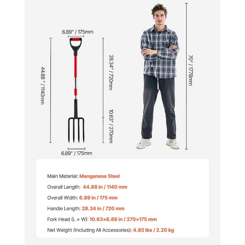 Red and Black Manganese Steel Digging Fork with Ergonomic Fiberglass Handle and Non-Slip Grip - 44.88 in x 6.89 in