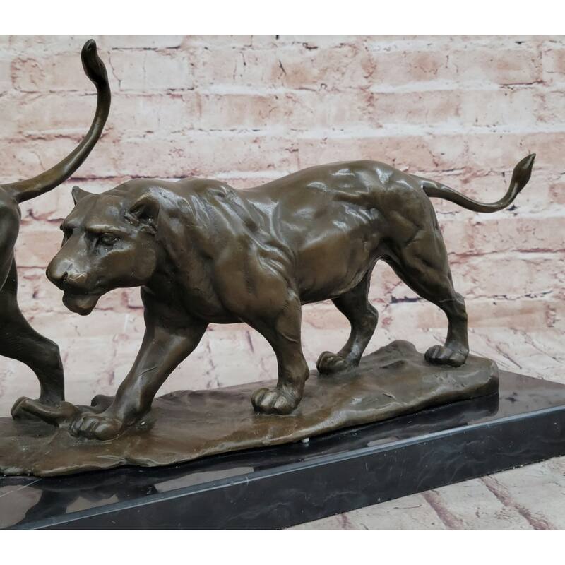 Male Female Imitative Lion Imitative Lions On The Prowl Bronze Sculpture Statue Signed Original Art