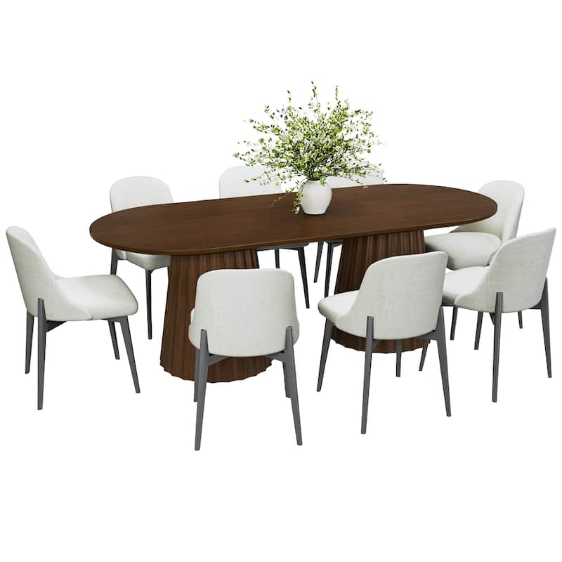 86" Modern Oval Dining Table Set with 8 Upholstered Chairs Textured Wood Top & Dual Pleated Pedestal Base