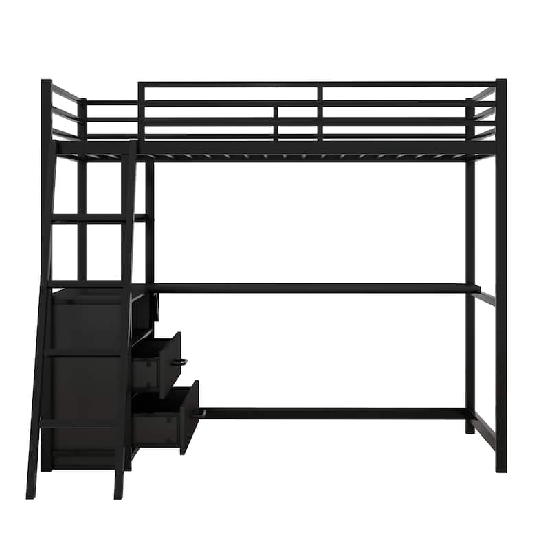 Twin Size Metal Loft Bed with Desk and Shelves, Two BuiltIn Storage Drawers, Equipped with