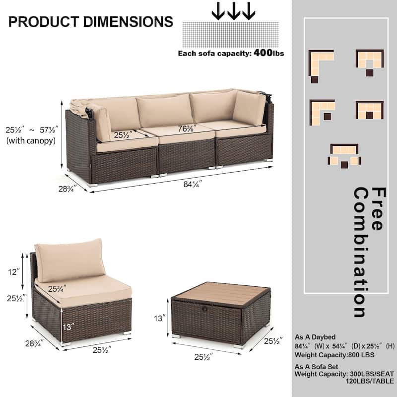 EROMMY 6-Piece Patio Furniture Set, Rattan Daybed with Canopy and Adjustable Backrest