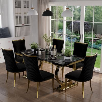 Luxurious Dining Room Table Set with Velvet Dining Chairs