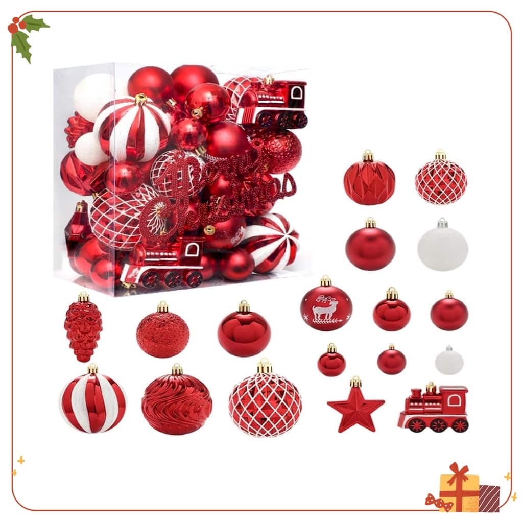 65-Pack Mixed-Size Christmas Ornaments Set 3-Color Shatterproof Ball Assortment - N/A