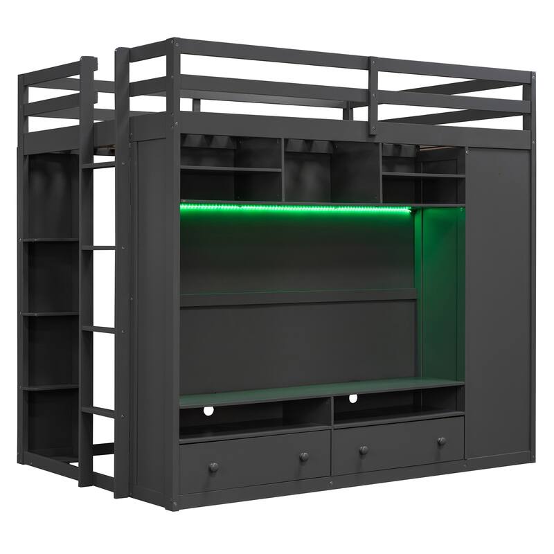 Full Size Loft Bed with TV Stand and Drawers, Teens Kids Storage Bed Frame with Shelves, Wardrobe and LED Light