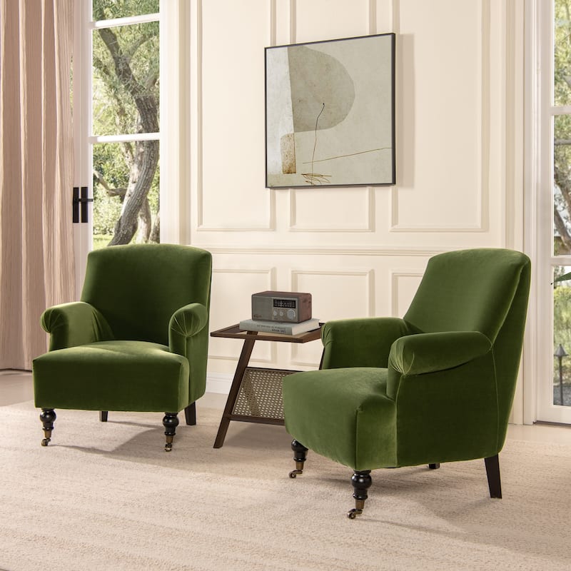 Eloise 30" Transitional Velvet Pleated Sock Arm Accent Chair - Set of 2 - Olive Green Performance Velvet