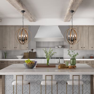 Farmhouse 4-Light Foyer Pendant Lights Globe Faux Wood Chandelier for Dining Kitchen Island - W 20"x H 22"