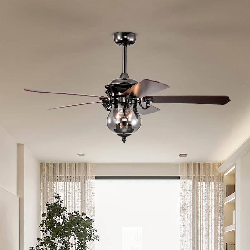 Anja Dark Pear Black Satin Gray 5-Blade 3-Light Lighted Ceilng Fan Smoked Glass Lamp Chandelier Includes Remote Control