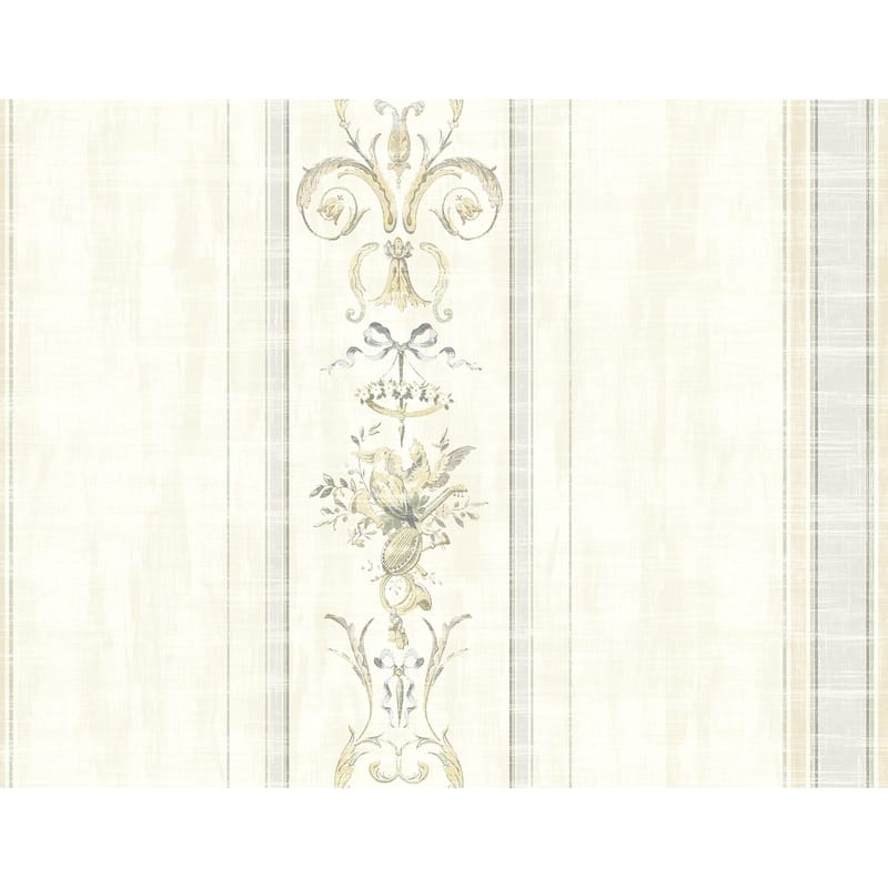 Seabrook Designs Birds & Bows Stripe Unpasted Wallpaper - 27 in. W x 27 ft. L - Metallic Ivory & Blue Smoke