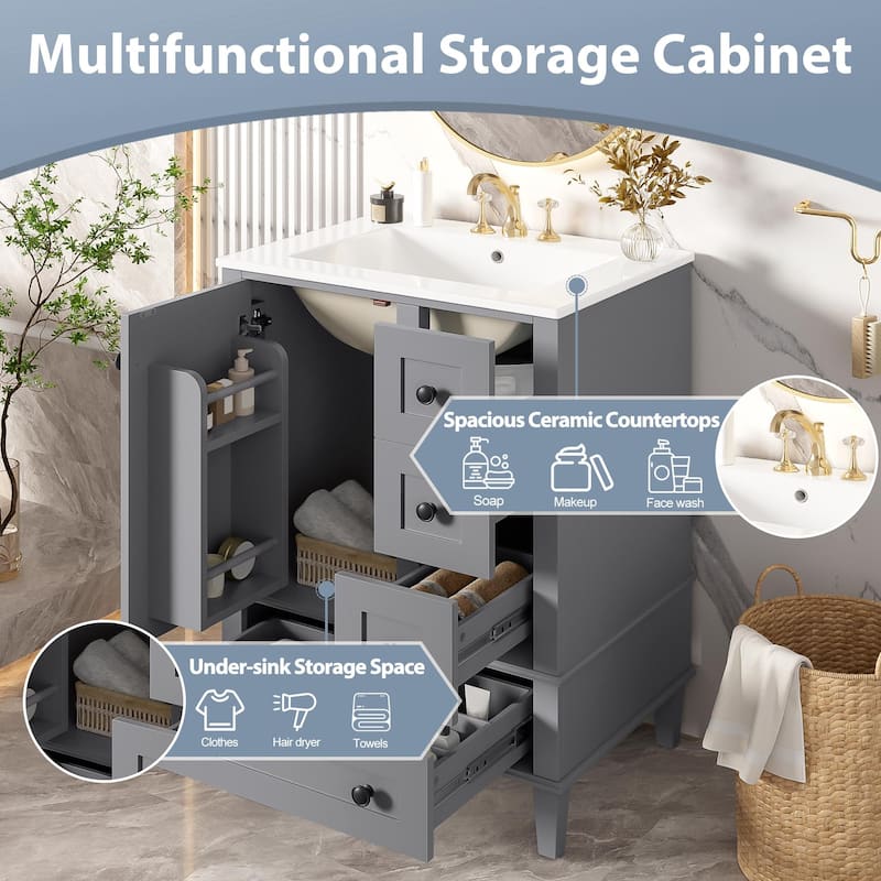 24" Bathroom Vanity with Integrated Ceramic Sink, Soft-Close Drawers and Door, Cabinet with Door Storage Rack