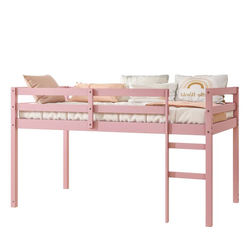 Pink Twin Loft Bed with Ladder, Rubber Wood Frame, Strengthened Slats, Low Height Design, Ample Under-Bed Storage