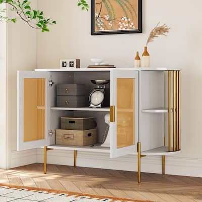 Elegant Curved Dining Cabinet with Gold Trim and Woven Rattan Doors