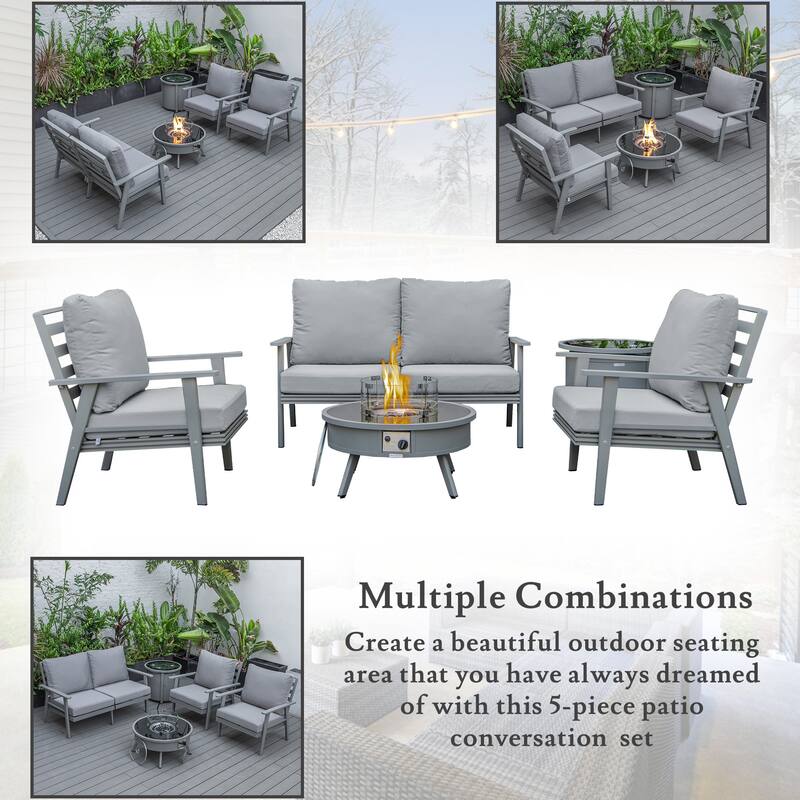 Walbrooke 5-Piece Outdoor Powder-Coated Frame Patio Furniture Set with Fire Pit Table, Tank Holder and Polyester Cushions
