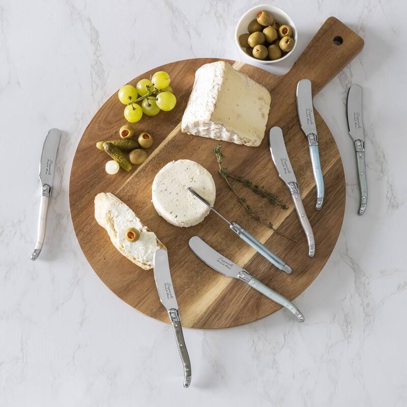 French Home Laguiole Spreaders with Mother of Pearl Handles and Wood Serving Board