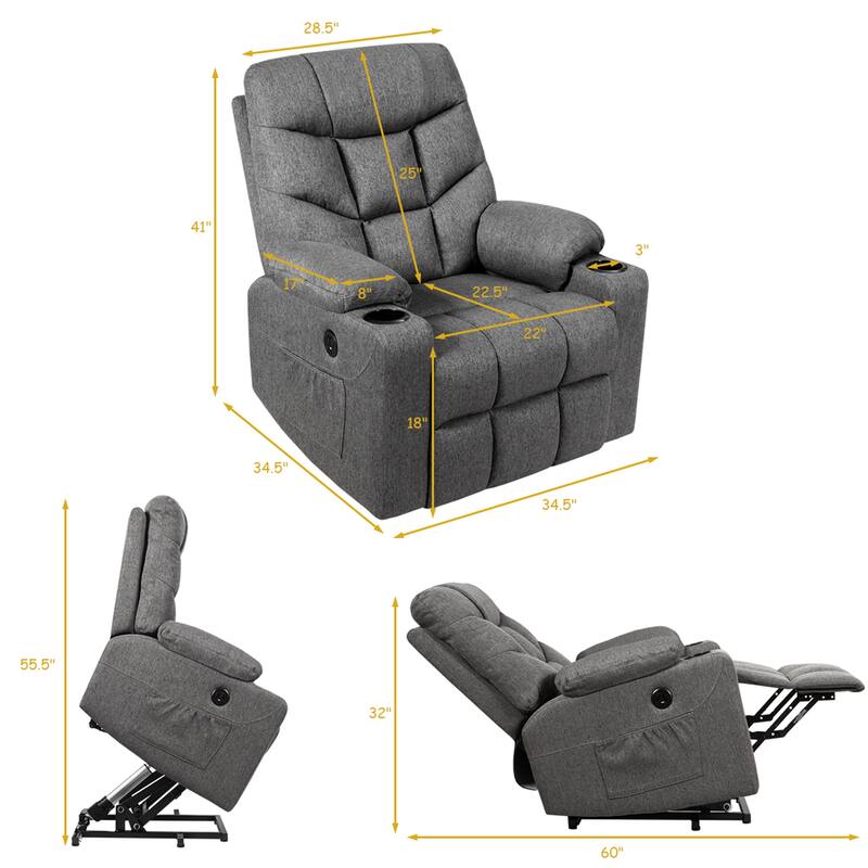 Gymax Power Lift Massage Recliner Fabric Sofa Chair w/ Remote Control - See Details