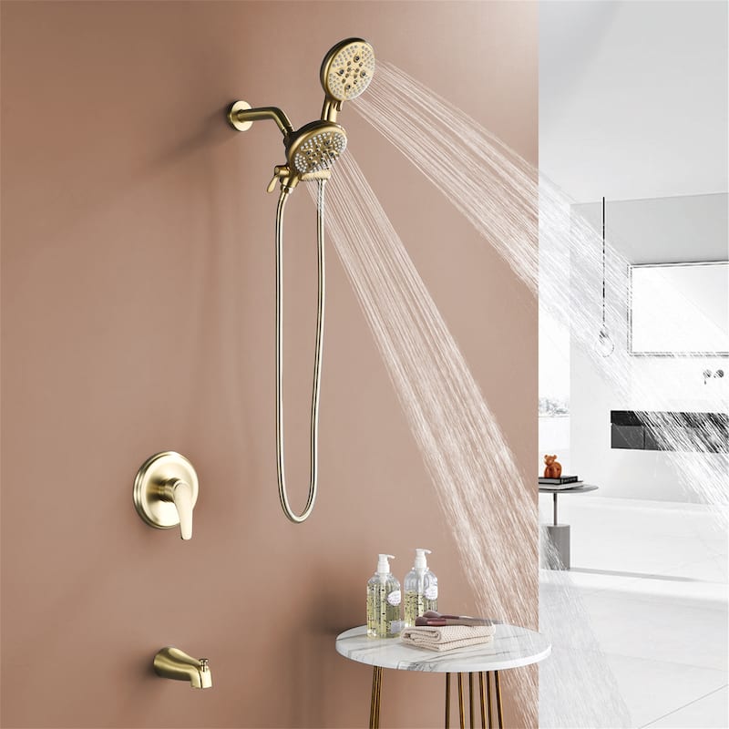 Wall Mounted Dual Head Shower Faucet with Tub Spout, Complete Pressure Balance Brushed Gold Tub Shower System Wth Hand Shower