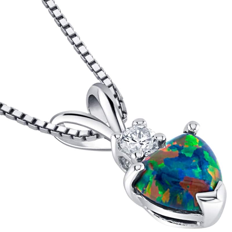 14k White Gold Gold Heart Shape Created Black Opal Diamond Pendant