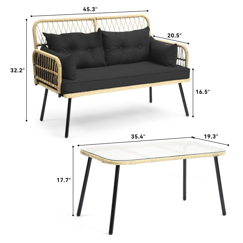 Moasis 2-Piece Rattan Patio Set with Glass Table - Outdoor Loveseat & Cushions