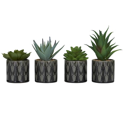 Faux Foliage Succulent Artificial Plant with Realistic Leaves and Patterned Pot - Set of 4 Green - Roche River Decor