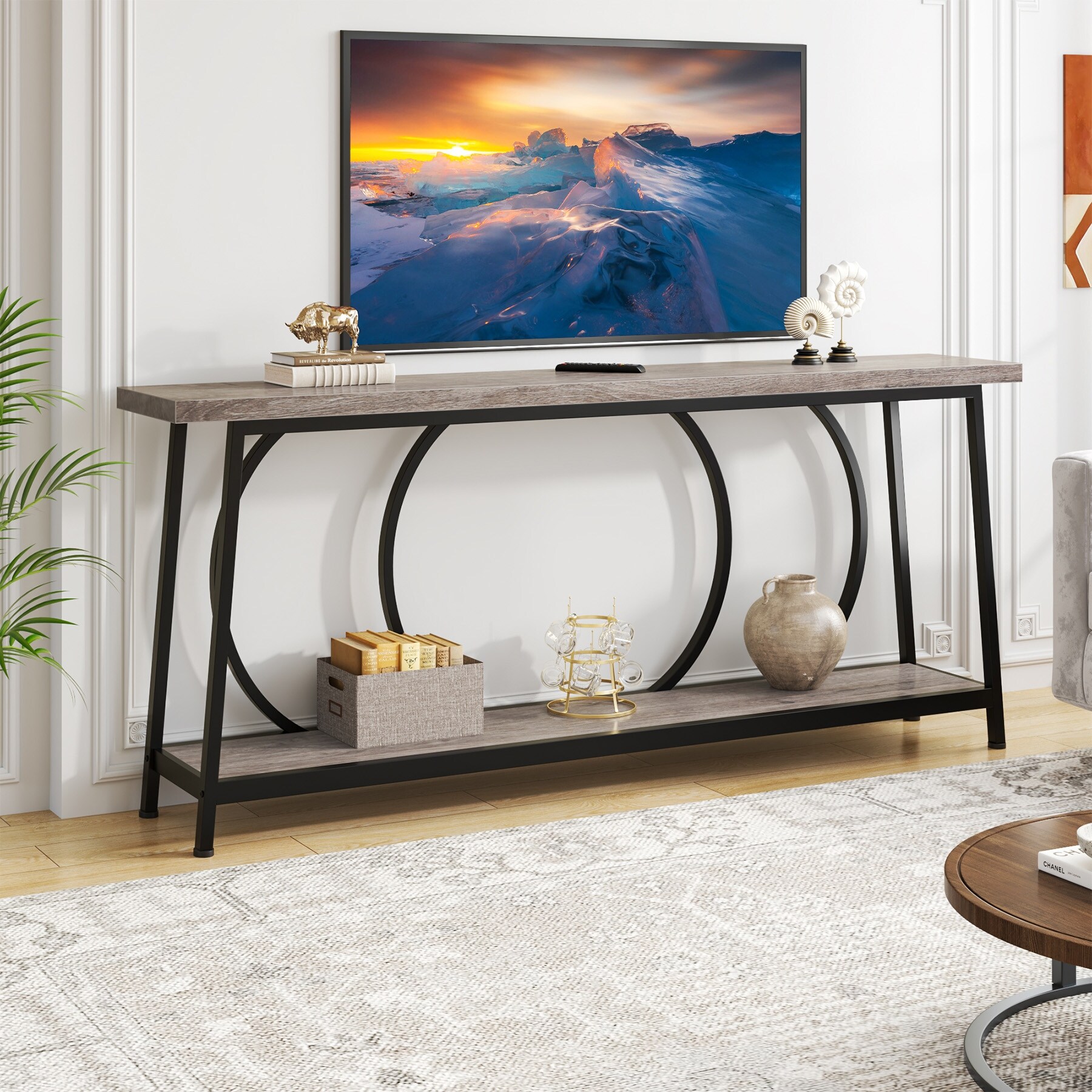 70.9 Inch Extra Long Narrow Sofa Console Table with Metal Frame for Entryway Living Room Brown Black