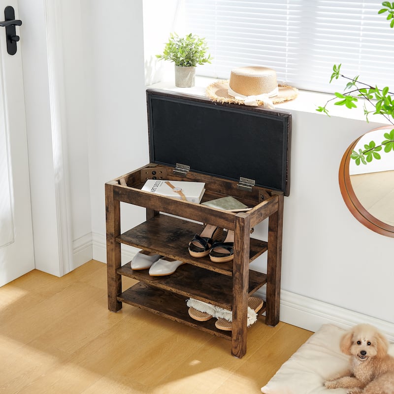 Roomfitters Height Adjustable Wooden Shoe Bench with Cushion Seat and Concealed Storage Compartment, Charcoal Grain, Vintage
