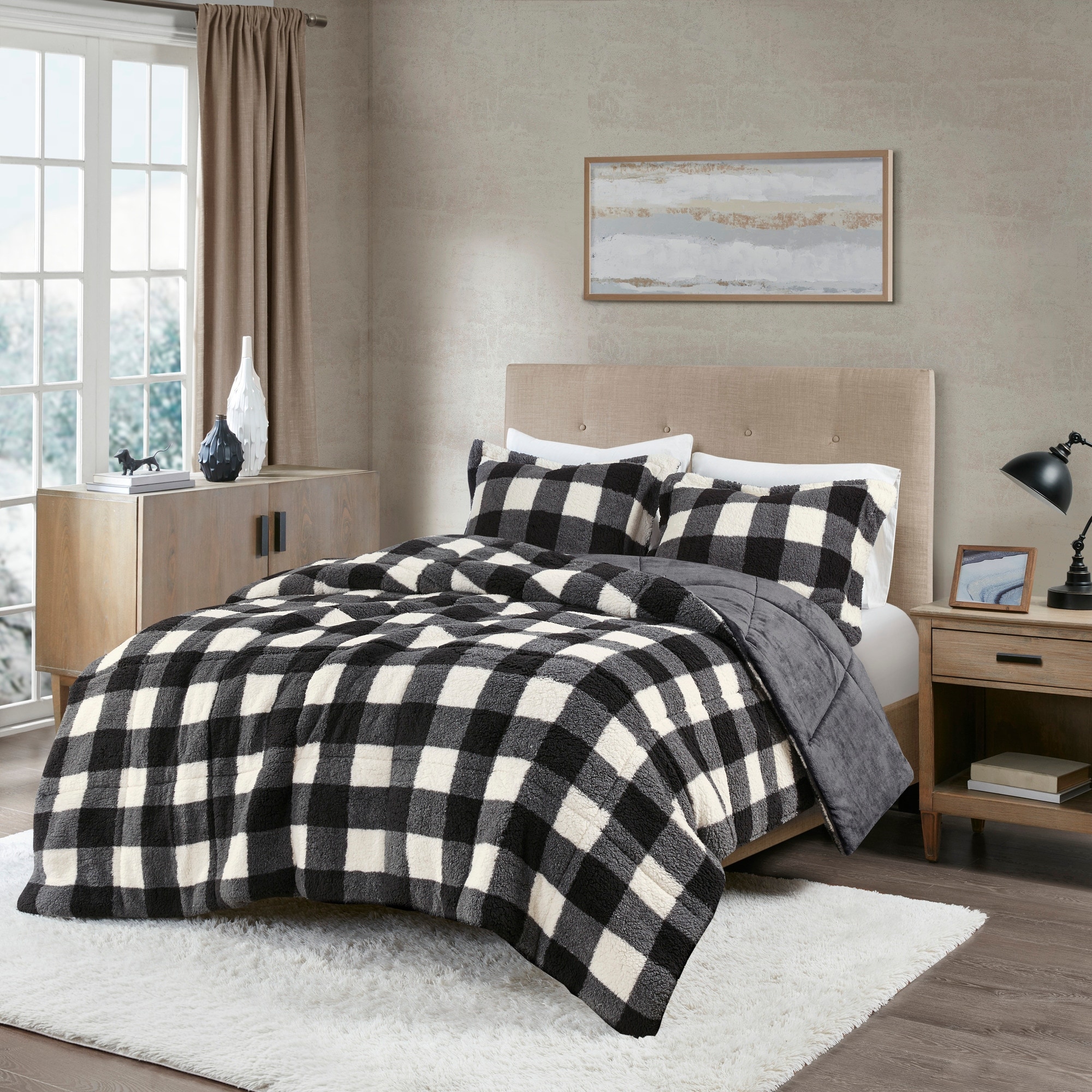 True North by Sleep Philosophy Mason Ivory Black Print Sherpa Down Alternative Comforter Set