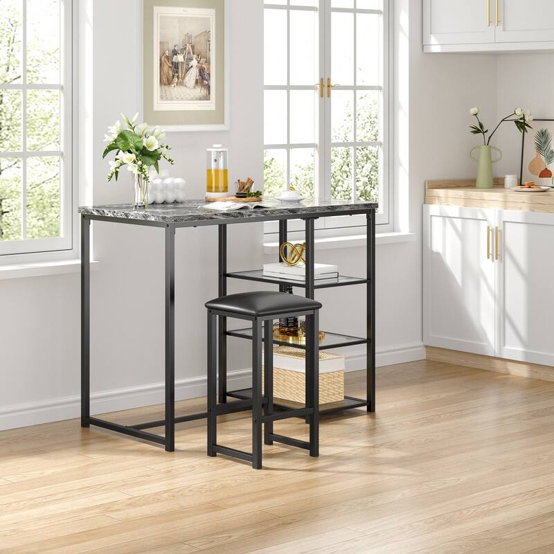 Javlergo 3-Piece Dining Table Set with 2 Backless PU Padded Chairs Space Saving Design Pub Set White/Oak & Black/Marble Options