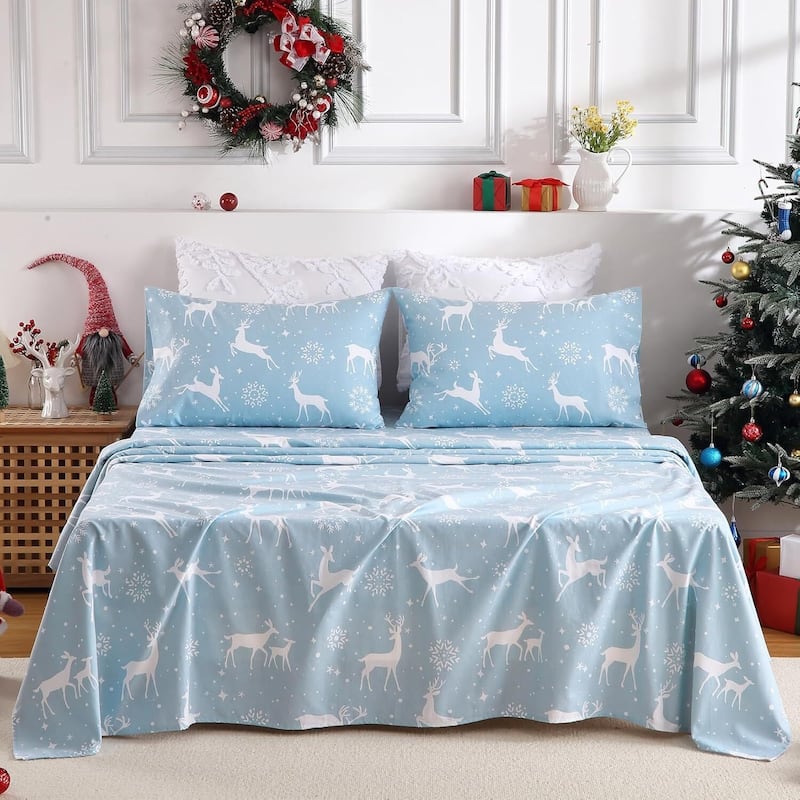 Christmas Soft Brushed Microfiber Holiday Bed Sheets Set, Light Blue - King