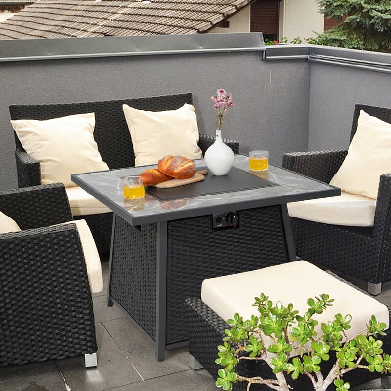 35'' Propane Gas Fire Pit Table Patio PE Wicker Rattan w/ Lava Rocks